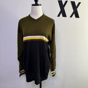 Vintage 90s Black Striped Colorblock Knit V Neck Sweater Grunge Kurt Cobain M